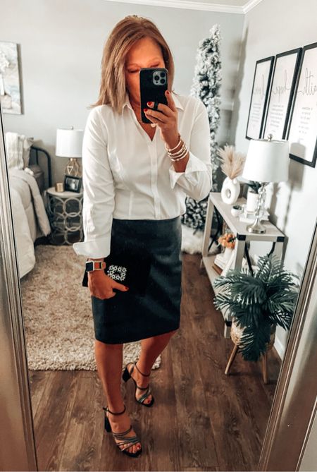 I love the look of black and white! Styled the no iron white button down (Uber soft!!) styled with a faux leather skirt from J. Crew Factory.  Sizes are low, found one nearly identical at Macy’s below. Heels from DSW and clutch from Talbots

Holiday outfit, party outfit, Christmas outfit, date night, gift ideas,

#LTKstyletip #LTKparties #LTKsalealert