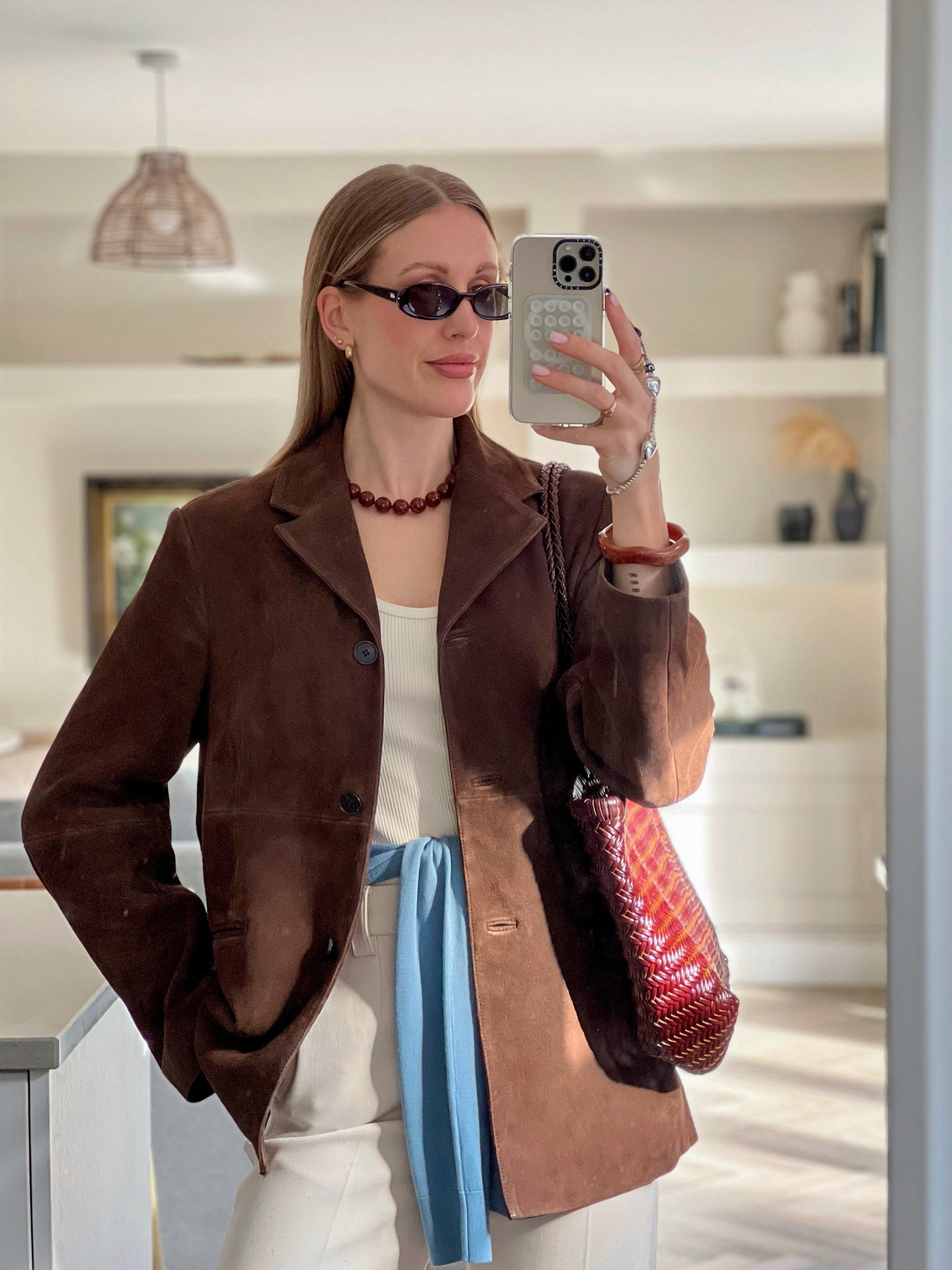 Brown suede blazer - Arket blazer - suede jacket - chocolate brown - woven bag - blue cardigan - beaded necklace - shopper bag - tote bag - trendy sunglasses - le specs outta love - 90s - casual - spring outfit - trends  

#LTKstyletip #LTKuk #LTKspring