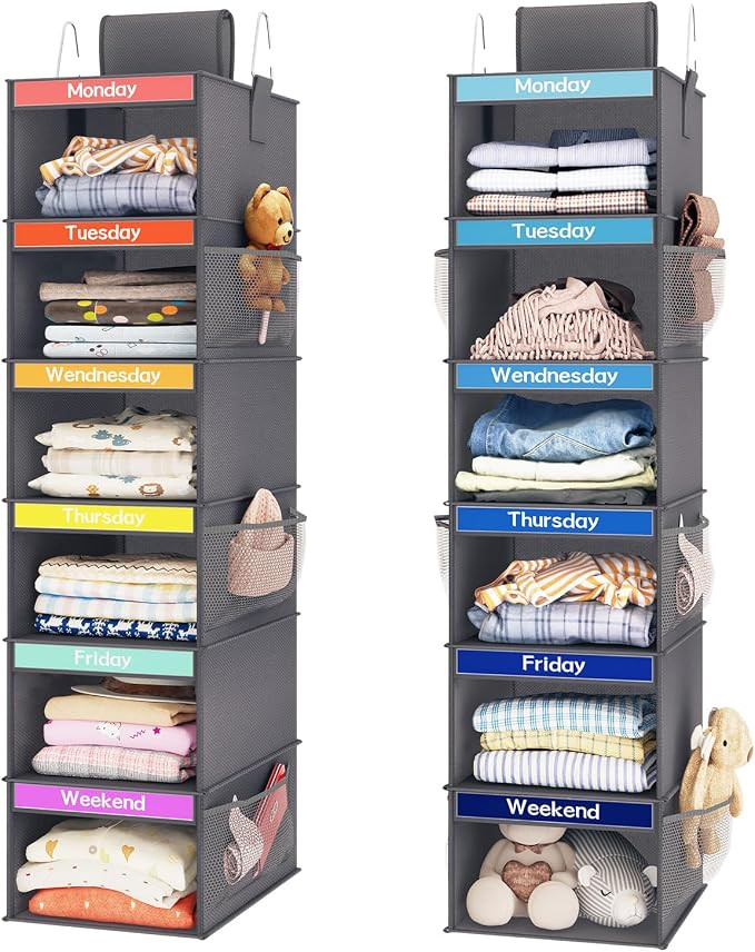 Fixwal Weekly Kids Clothes Organizer 2 Pack 6-Shelf Hanging Storage | Nonwoven Fabric, 6 Daily Sh... | Amazon (US)