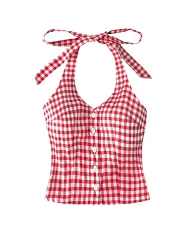 Milumia Women's Gingham Plaid Halter Top Tie Backless Sleeveless Button Front Tank Tops Red and White Large | Amazon (US)