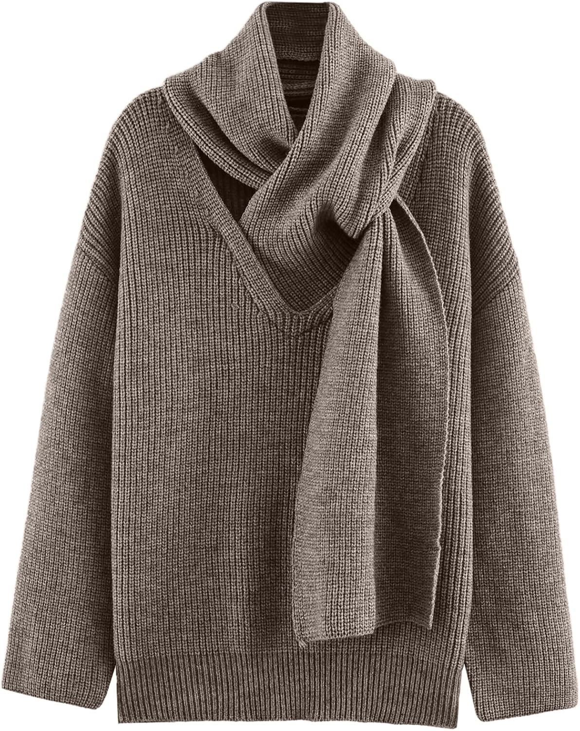 Women Knit Sweater with Scarf Loose Solid Long Sleeve Turtleneck Pullover Sweater 2026 Fashion Clothes | Amazon (US)