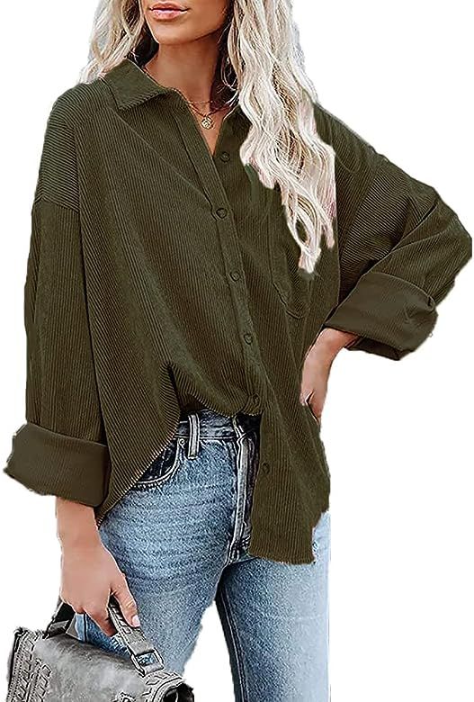 Womens Corduroy Button Down Pocket Shirts Long Sleeve Oversized Blouses Jacket Fall Outdoor Boyfrien | Amazon (US)