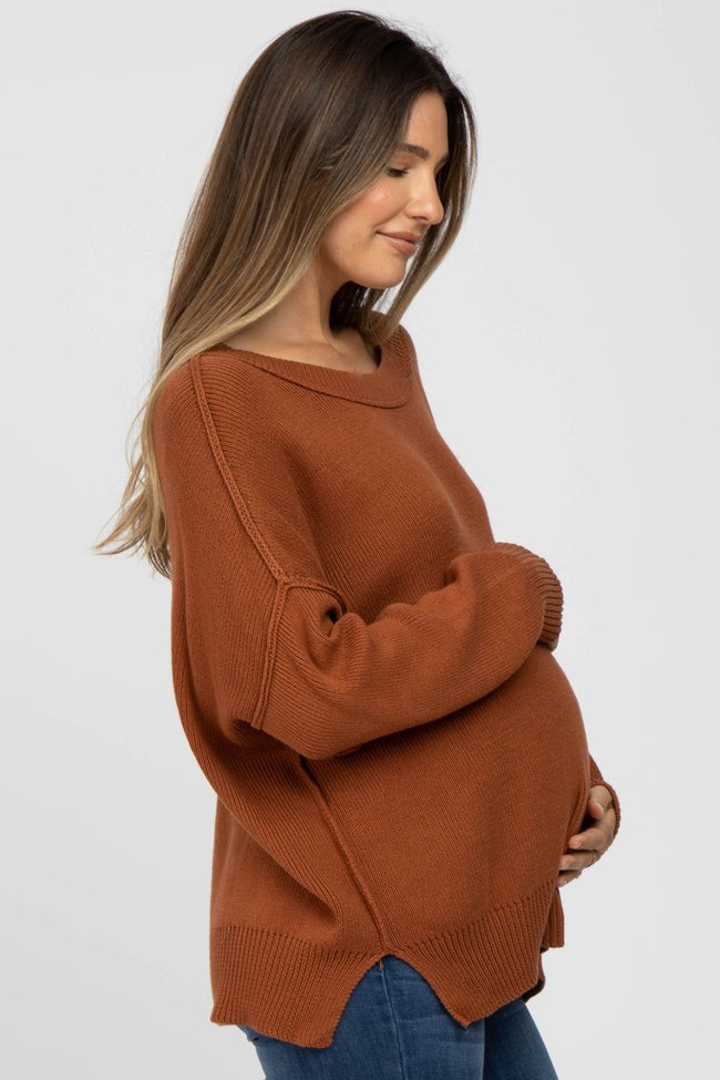 Camel Exposed Seam Side Slit Maternity Sweater | PinkBlush Maternity