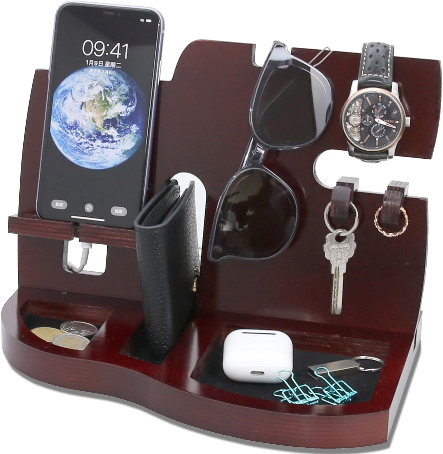 Red Wooden Phone Docking Station with Key Holder, Wallet and Watch Organizer Men's Gift Husband W... | Amazon (US)