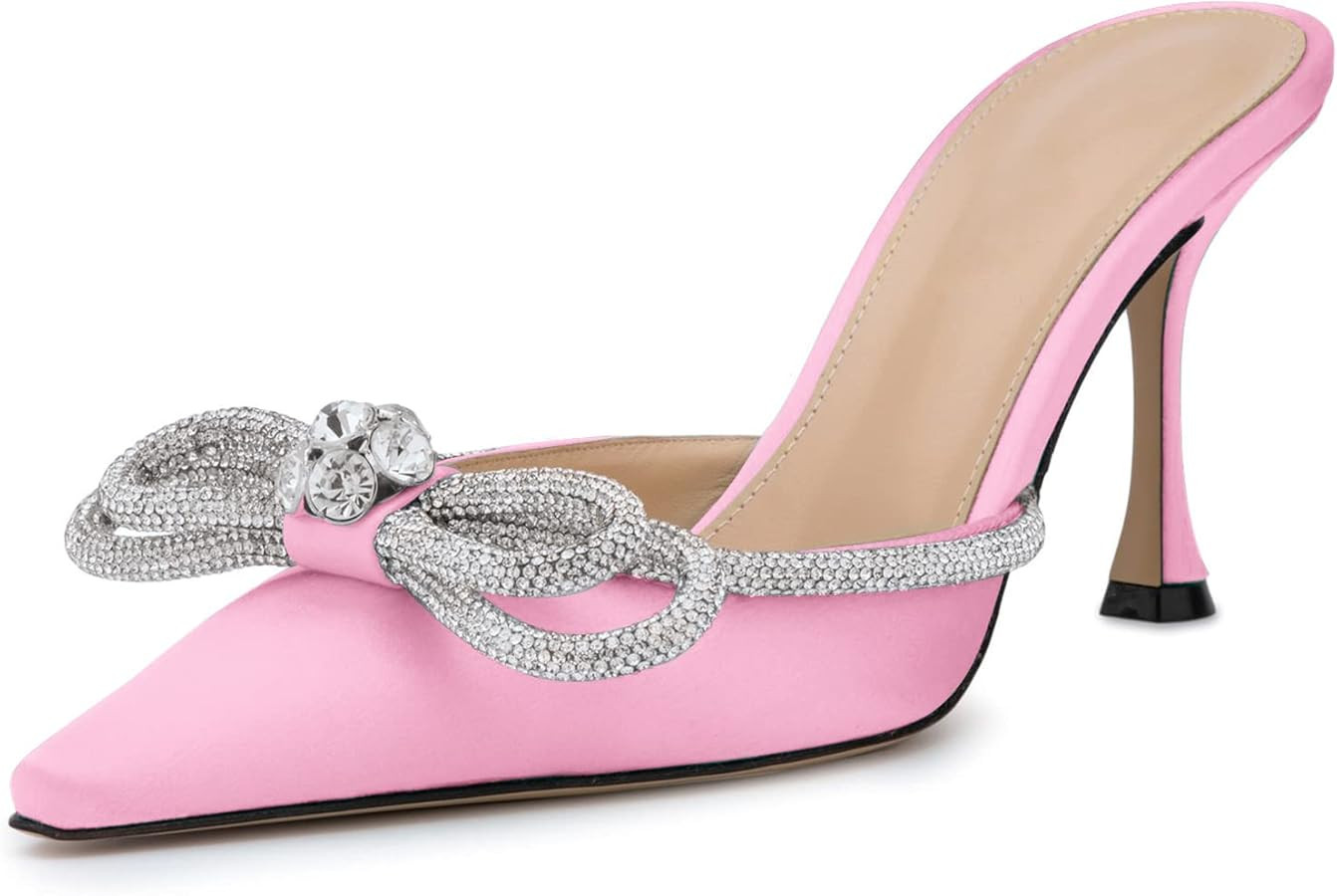 LauraVicci Women High Heeled Mules Rhinestone Embellished Crystal Double Bow Satin Sandals Pointy... | Amazon (US)