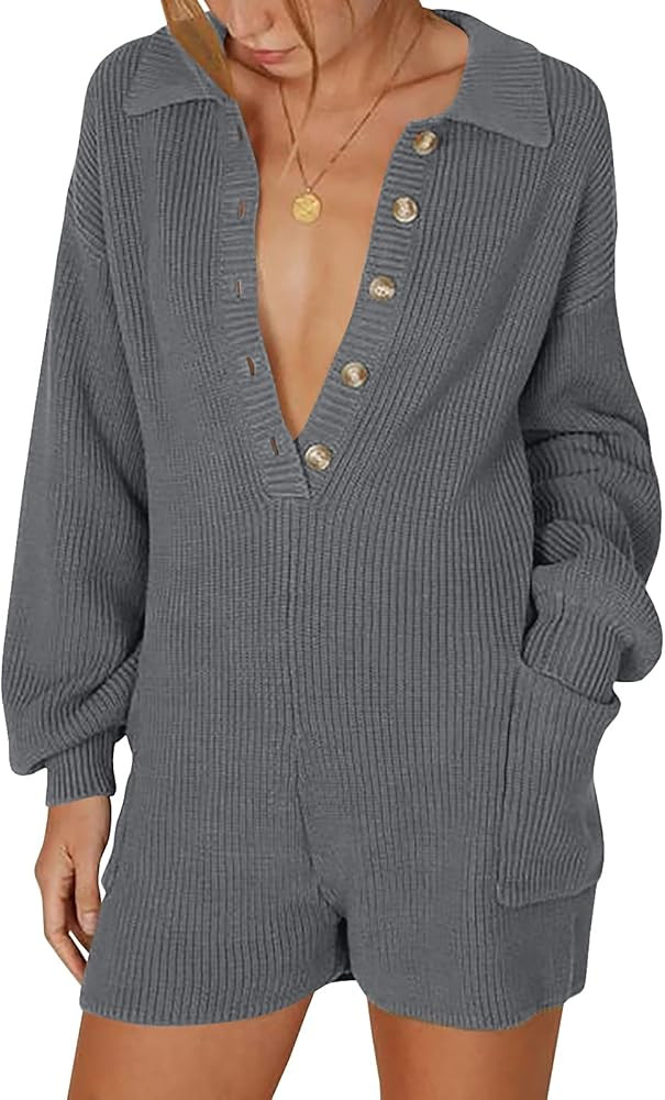 Tymidy Women's Short Jumpsuit Long Sleeve Knit Sweater Rompers Sexy Deep V Neck Button Down Onesi... | Amazon (US)