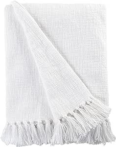 Sticky Toffee Cotton Throw Blanket for Couch, 60x50 in, White Boho Woven Throw with Fringe, Textu... | Amazon (US)