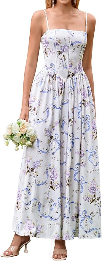 KUTUMAI Floral Corset Long Maxi Dress Lace Up Flowy A Line Summer Wedding Guest Dresses for Women... | Amazon (US)
