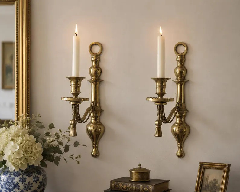 Brass Sconces Candleholders with Tassels- Set of 2 ~ Hollywood Regency Decor | Etsy (Global)