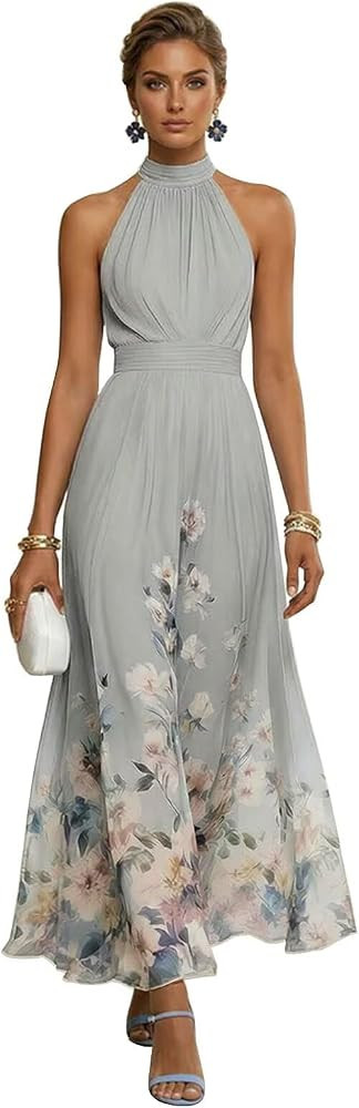 Halter Mother of the Bride Dresses for Women Long Printed Flower Pleated Chiffon Formal Dress A L... | Amazon (US)