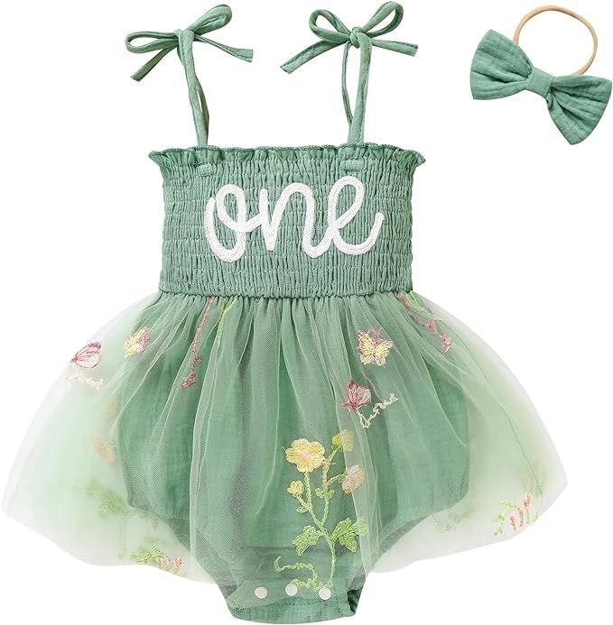 Baby Girl 1st Birthday Clothes One Year Old Tulle Romper Sleeveless Bodysuit Cake Smash Outfits | Amazon (US)