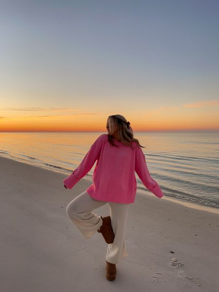 Amazon cozy winter beach outfit inspo! Fuzzy pink sweater and knit pants from Amazon paired with ugg dupes for under $80!! 

#LTKfindsunder100 #LTKSeasonal #LTKHoliday
