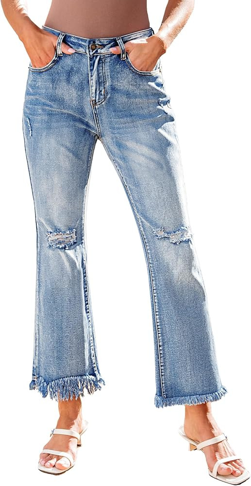 GRAPENT Flare Jeans for Women Trendy High Waisted Cropped Ripped Jeans Wide Leg Stretchy Denim An... | Amazon (US)