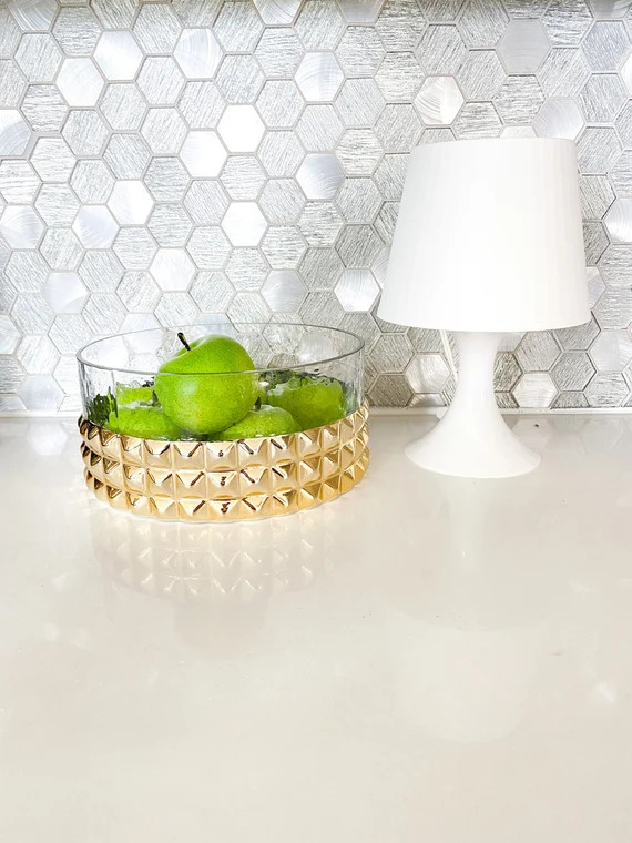 Gold Studs Bowl, Large Fruit Bowl, Kitchen Bowl, Kitchen Salad Bowl, Gold Glass Bowl, Gold Decora... | Etsy (US)