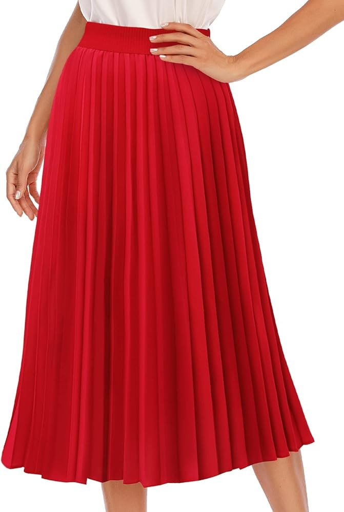 DRESSTELLS Pleated Midi Skirts for Women, Long Aline High Elastic Waisted Holiday Party Skirt | Amazon (US)