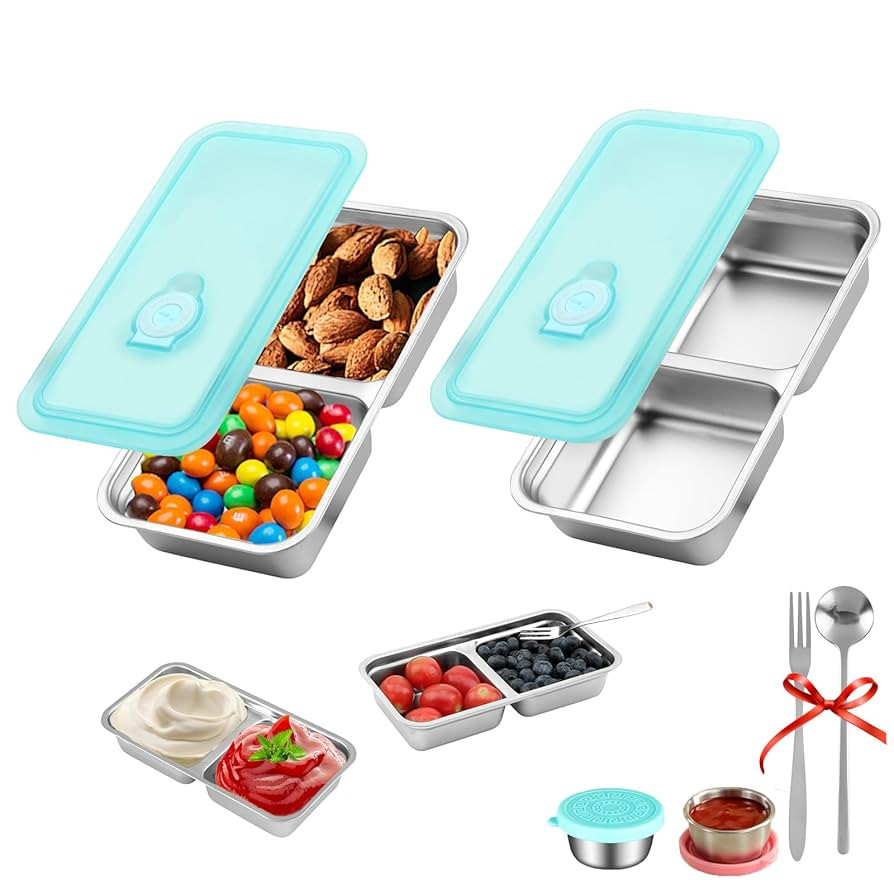 2 Pcs Grab and Go Snack Containers Reusable with Lids, Stainless Steel Double Compartment Snack C... | Amazon (US)