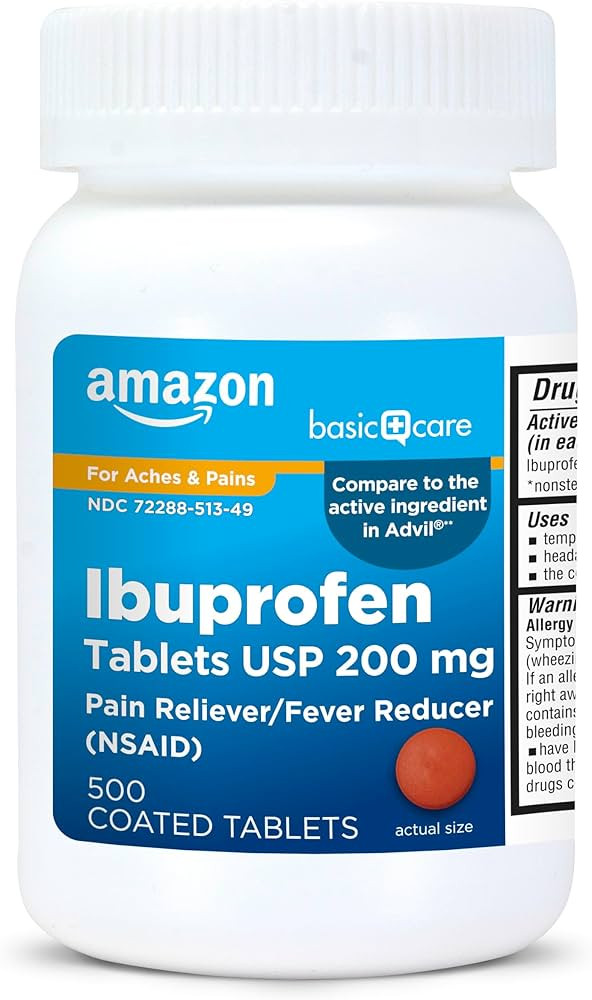 Amazon Basic Care Ibuprofen Tablets 200 mg, Pain Reliever/Fever Reducer, Body Aches, Headache, Ar... | Amazon (US)