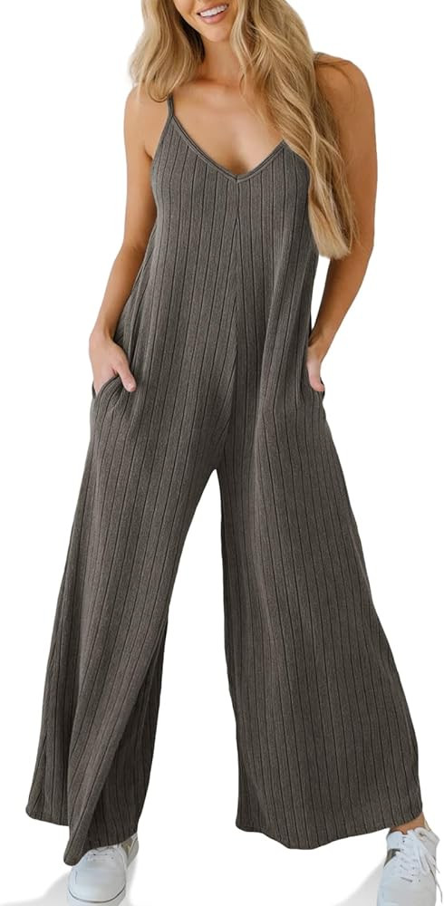 Tongmingyun Womens Casual Summer Jumpsuits Wide Leg Spaghetti Strap Ribbed Overall Jumpsuit with ... | Amazon (US)