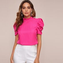 Neon Pink Frilled Neck Puff Sleeve Top | SHEIN