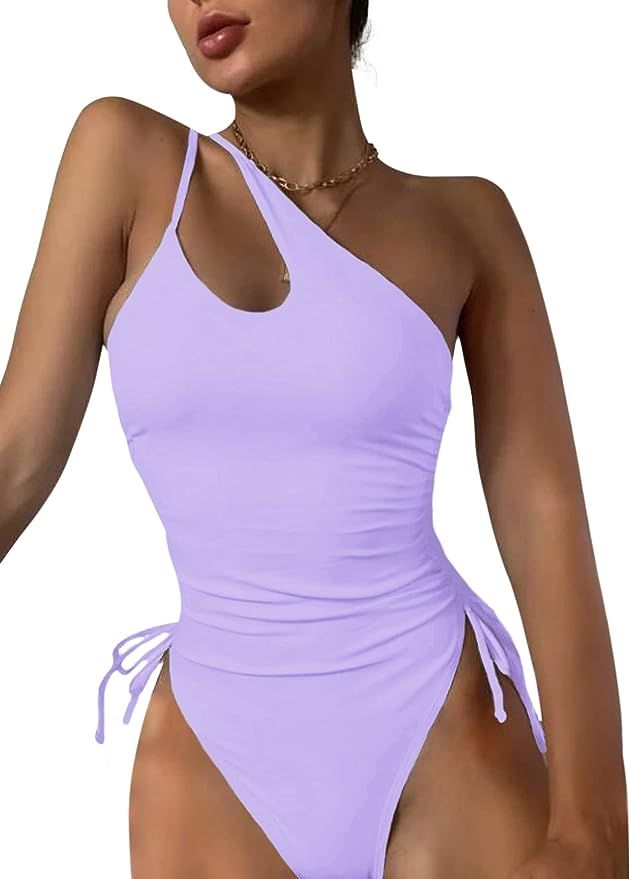 Lilosy Sexy One Shoulder Tummy Control Ruched Swimsuit High Cut Brazilian Bathing Suit 1 Piec... | Amazon (US)