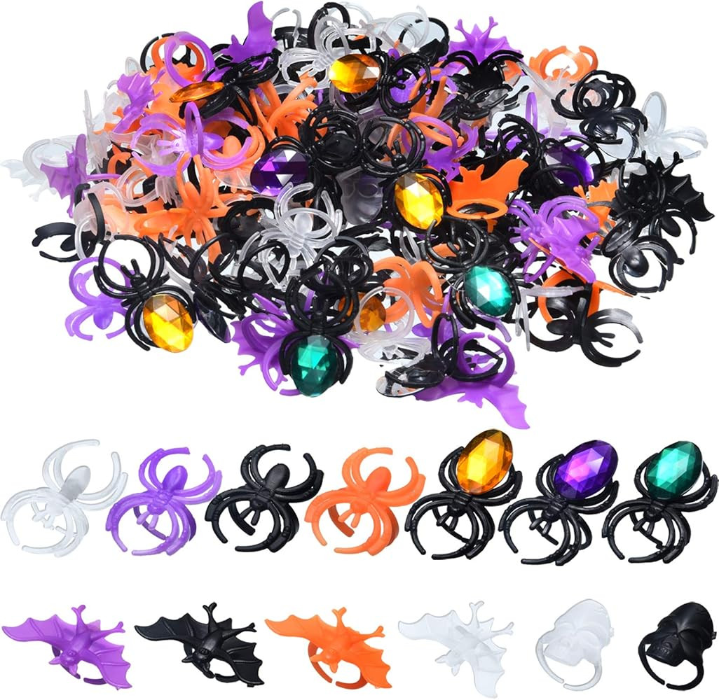 Boao 150 Pieces Halloween Spider Ring Skull Bat Ring Spider Party Favors Fake Plastic Jumping Spi... | Amazon (US)