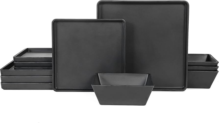 Melamine Dinnerware Sets - 12pcs Square Plates and Bowls Set, Dishes Set, Black | Amazon (US)