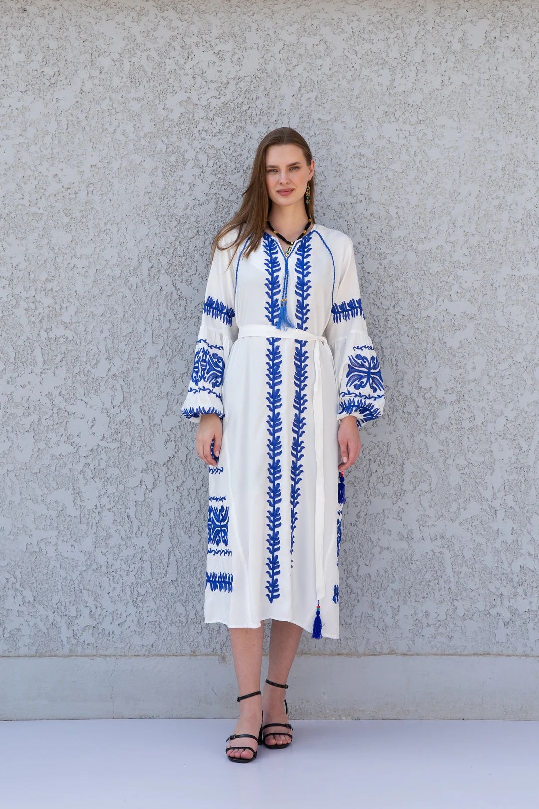 Chic Midi White Cotton Tunic Kaftan Dress Embroidered Tunic - Etsy | Etsy (US)