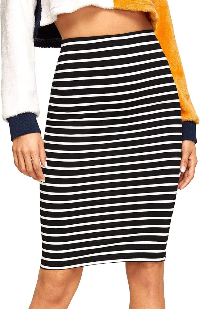 SheIn Women's Striped Knee Length Elastic Waist Bodycon Pencil Skirt | Amazon (US)