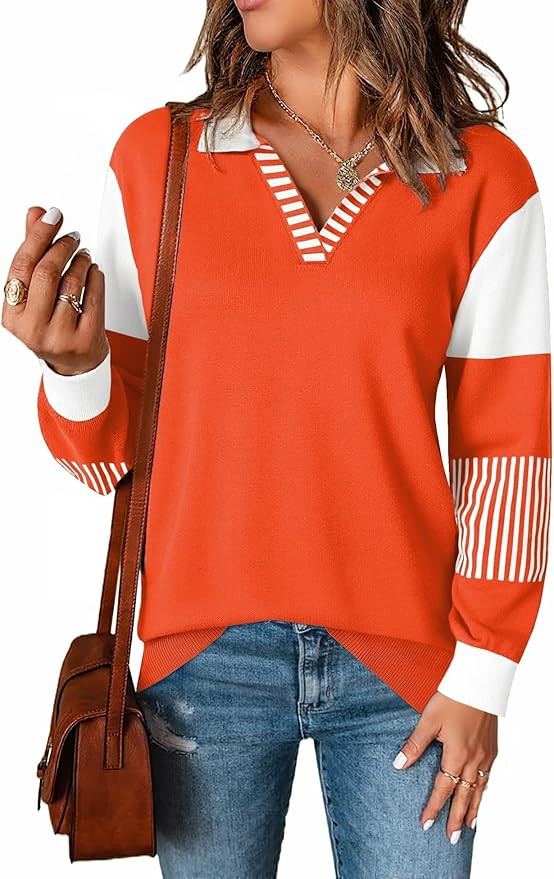 LOMON V Neck Long Sleeve Loose Sweaters Color Block Striped Knitted Pullover Jumper Tops | Amazon (US)