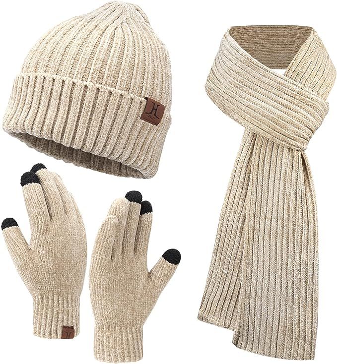 Womens Winter Knit Warm Hat Beanie+Long Scarf+Touch Screen Gloves Set Skull Caps Neck Scarves for... | Amazon (US)