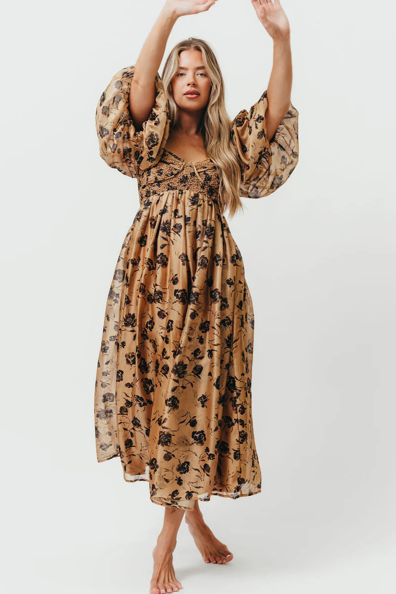 Harlow Camel & Black Floral Maxi Dress with Stretchy Neckline - Bump F | Worth Collective