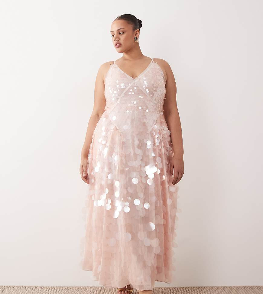 ARRANGE Curve embellished sequin cami midi dress with full skirt in soft pink | ASOS (Global)