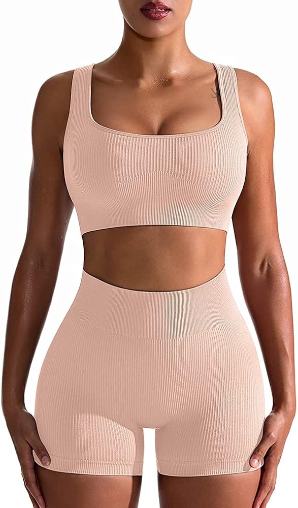 OQQ Workout Outfits for Women 2 Piece Seamless Ribbed High Waist Leggings with Sports Bra Exercis... | Amazon (US)