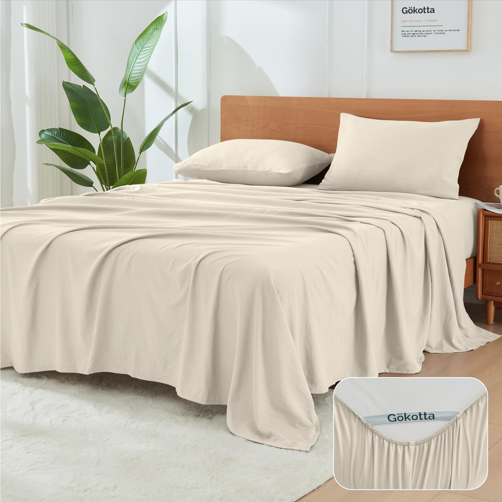 GOKOTTA 4-Pcs King Size Sheets Set, 16-Inch Deep Pocket King Sheets with Elastic Corner Straps, Hotel Luxury Ultra Soft Brushed Microfiber Sheets King Size - Non Slip, Anti-Rip, Easy Care - Beige | Amazon (US)