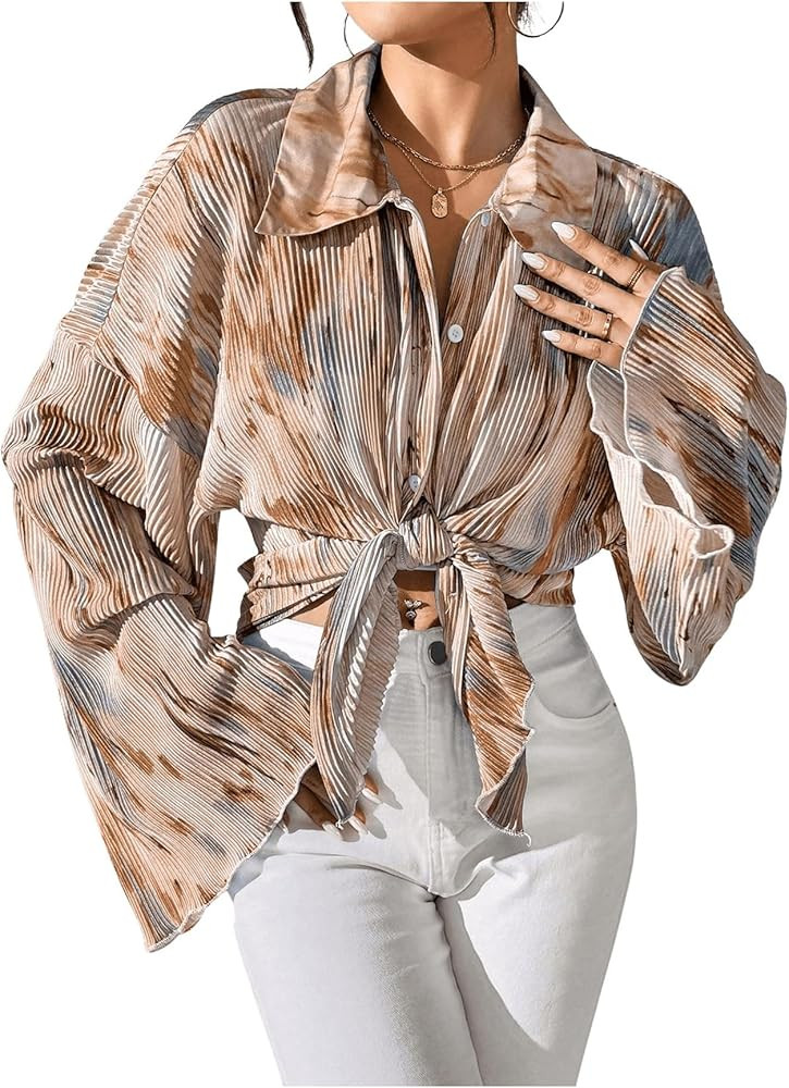 SOLY HUX Women's Button Down Bell Long Sleeve Blouse Drop Shoulder Textured Office Shirt Tops | Amazon (US)