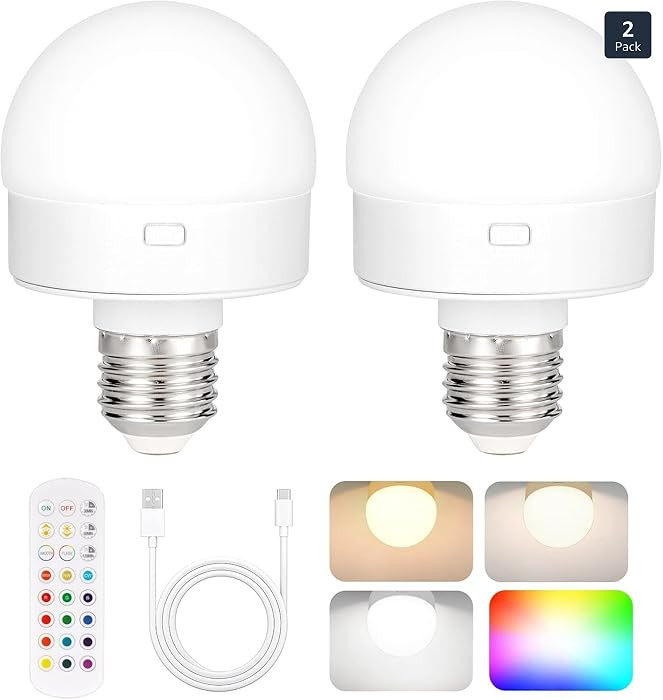 Rechargeable Battery Operated Light Bulb with Remote Control 2 Packs, 350LM Dimmable Detachable L... | Amazon (US)