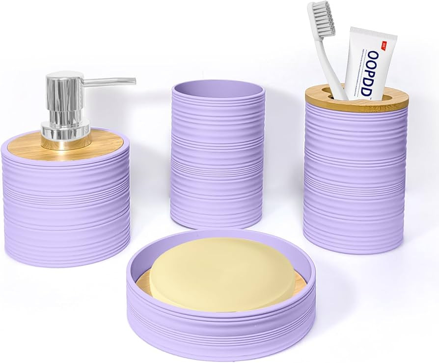 Bathroom Accessories Set 4 PCS, Bathroom Sets Accessories, Bamboo Bathroom Accessory Set Includes... | Amazon (US)