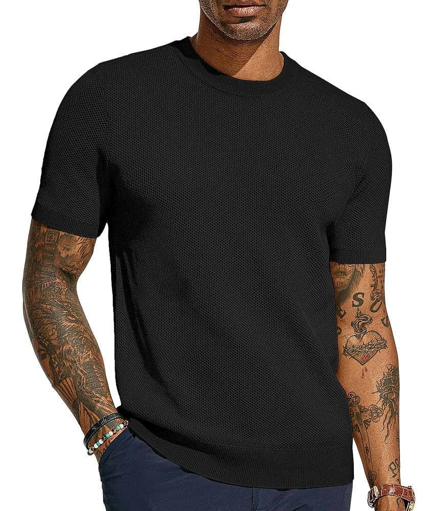PJ PAUL JONES Men's T-Shirts Casual Knit Short Sleeve Crewneck Honeycomb Waffle Solid Knitted Pul... | Amazon (US)