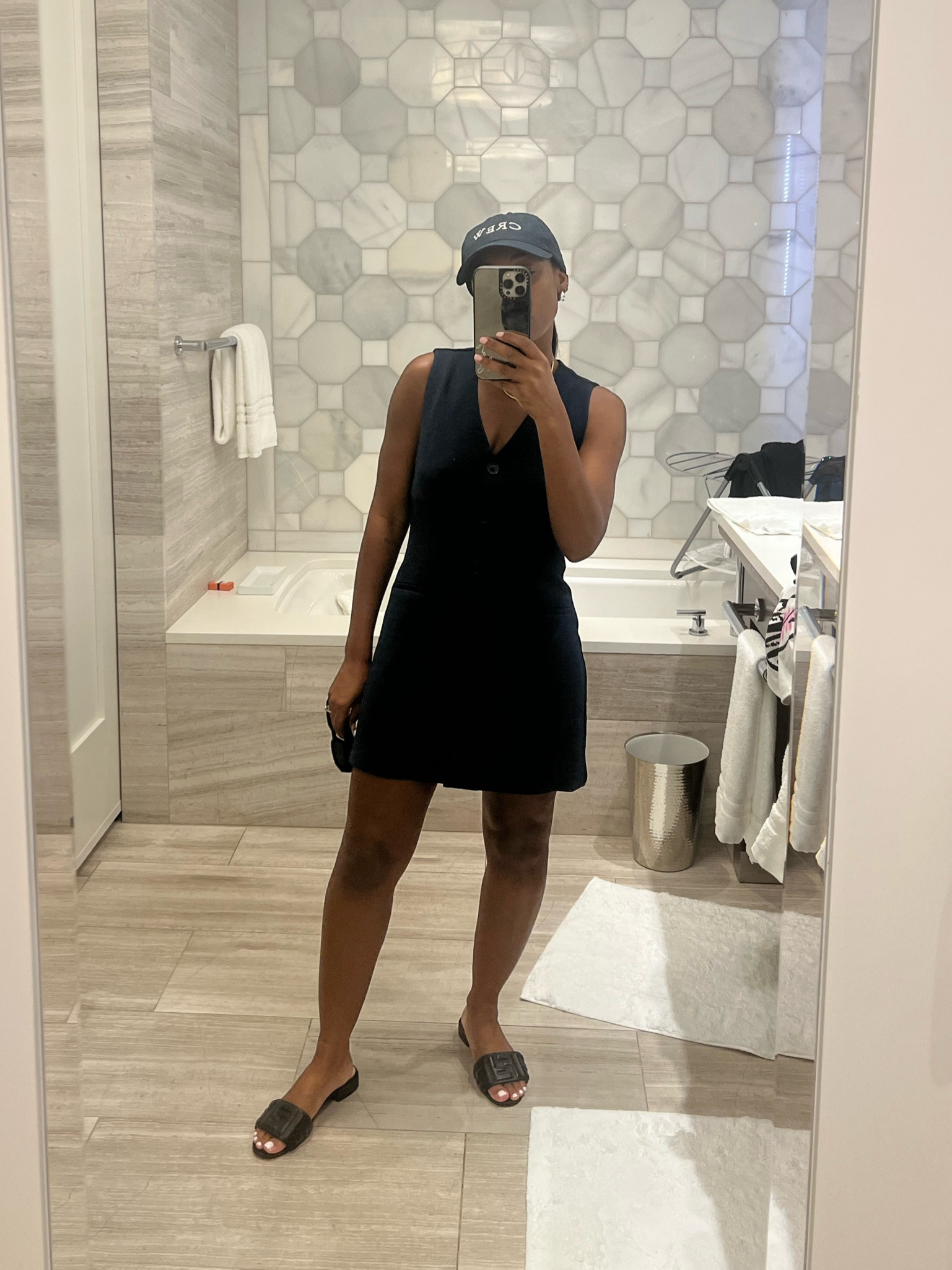Blue dad baseball cap - crew hat paired with blue vest dress (Abercrombie find) 

#LTKstyletip #LTKFind