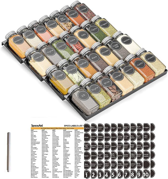 SpaceAid Spice Drawer Organizer with 28 Spice Jars, 386 Spice Labels and Chalk Marker, 4 Tier Sea... | Amazon (US)