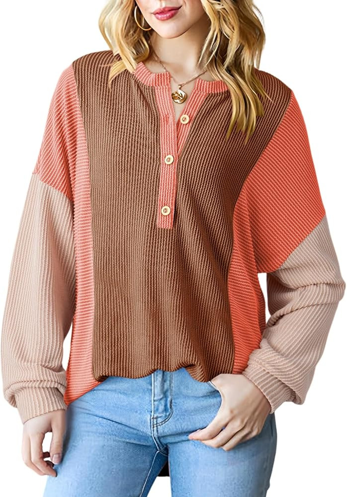 Dokotoo Womens Casual Color Block Knitted Long Sleeve Shirts for Women Loose V Neck Button Down P... | Amazon (US)