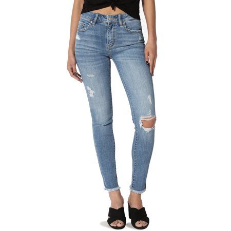 TheMogan Women's Distressed Med Blue Washed Frayed Hem Skinny Cropped Jeans | Walmart (US)