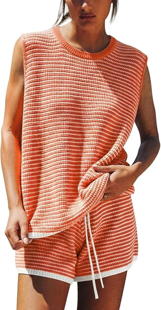 EXLURA Women's Sleeveless Sweater Set 2 Piece Outfits Striped Crewneck Knit Tank Tops and Shorts ... | Amazon (US)