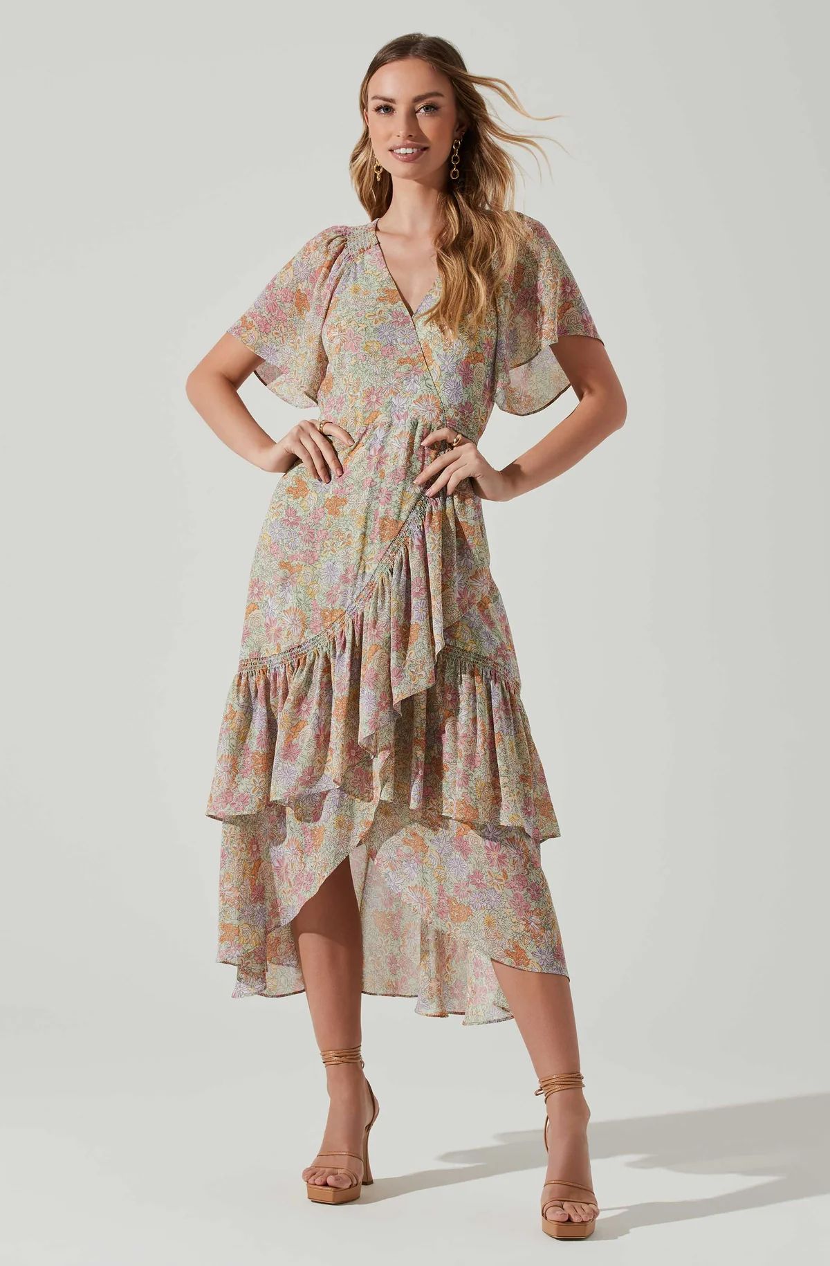 Adella Floral Flutter Sleeve Ruffle Midi Dress | ASTR The Label (US)