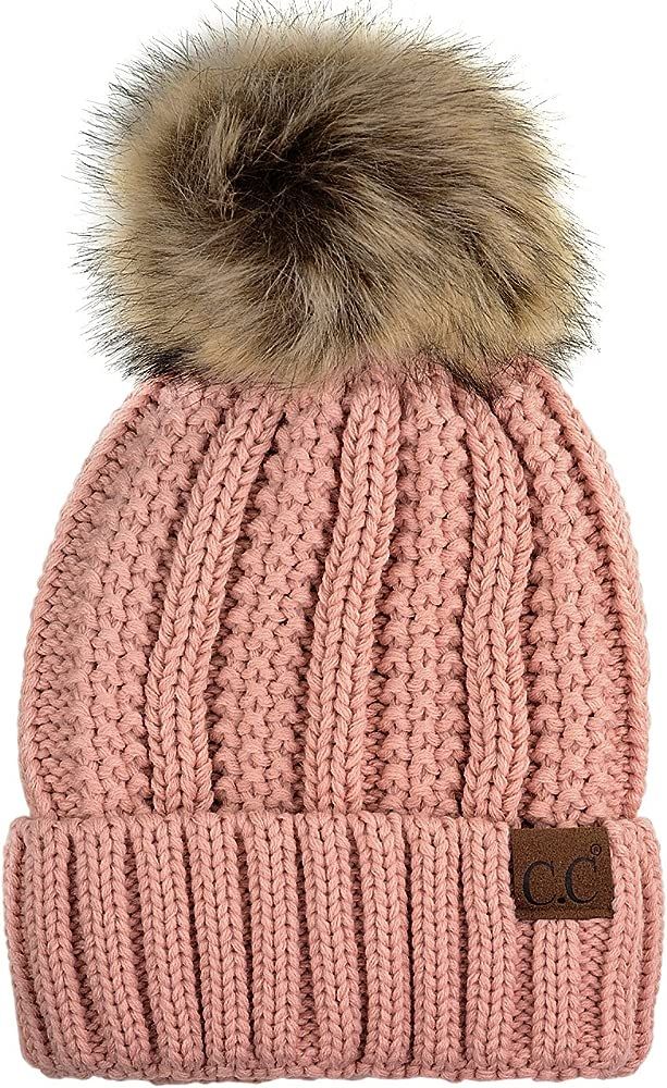 Thick Cable Knit Faux Fuzzy Fur Pom Fleece Lined Skull Cap Cuff Beanie | Amazon (US)