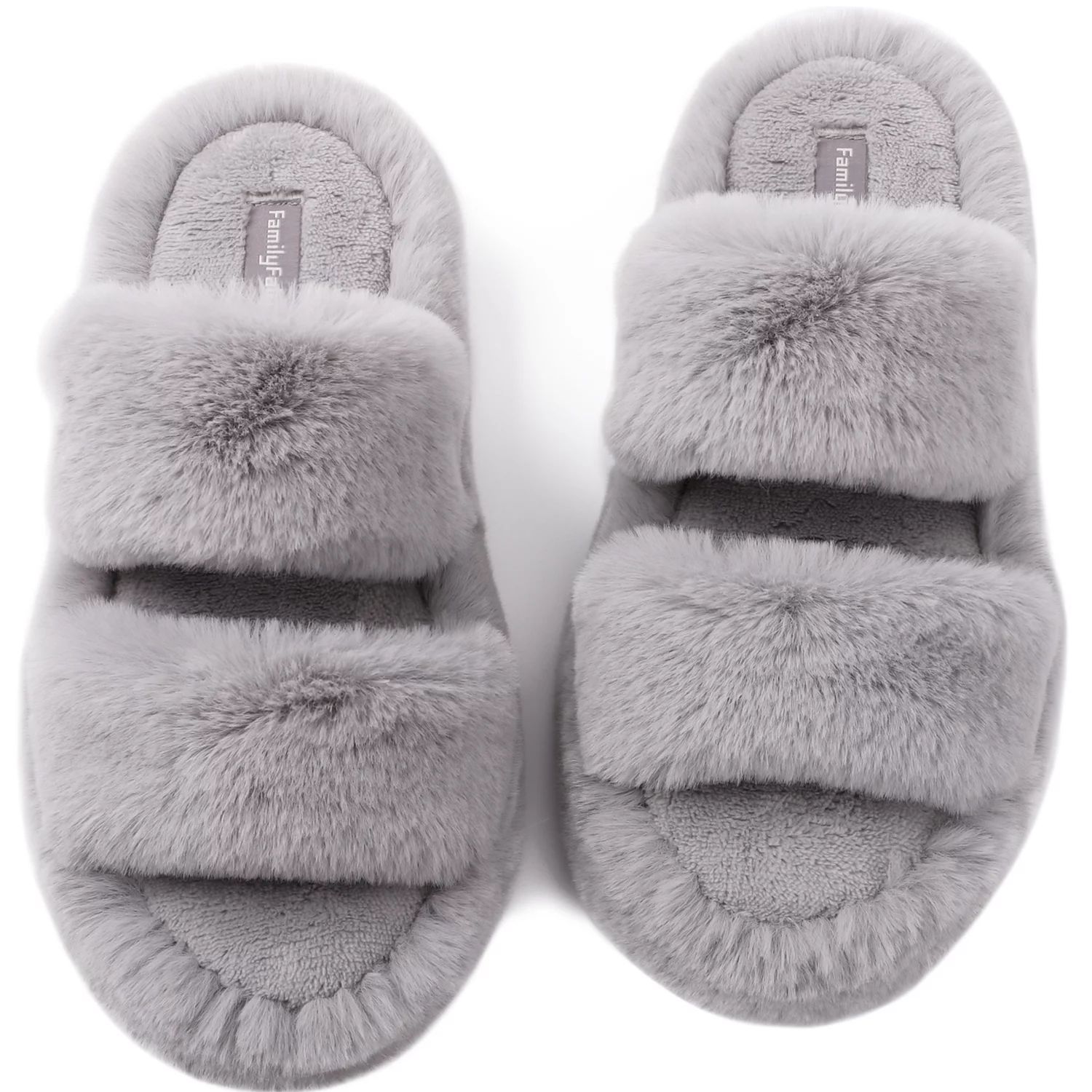 FamilyFairy Women's Fluffy Faux Fur Slippers Comfy Open Toe Two Band Slides with Fleece Lining an... | Walmart (US)