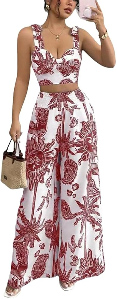 THLAI Summer Women 2 Piece Outfits Print V-Neck Cami Crop Top and Smocked Wide Leg Pants Set Vaca... | Amazon (US)