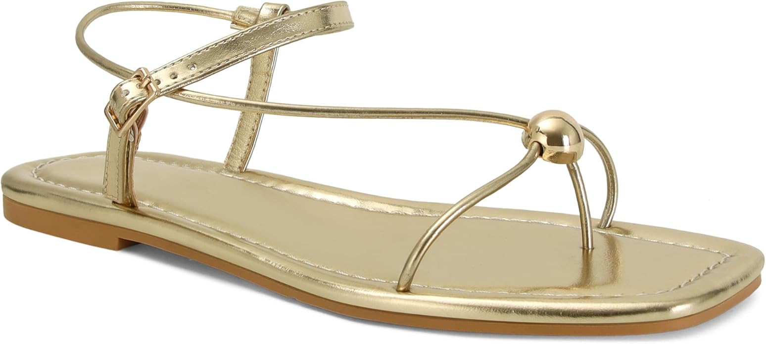 Black Strappy Flat Sandals for Women Comfortable Open Square Toe Sandals Dressy Beach Thong Flip ... | Amazon (US)