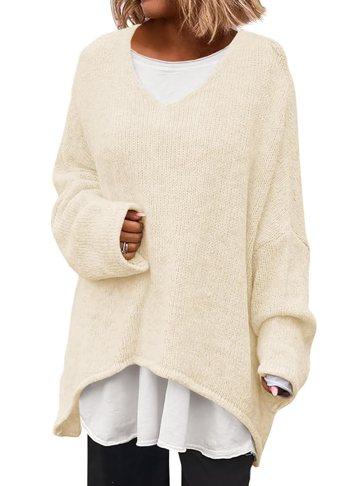 Saodimallsu Womens Oversized V Neck Sweaters Batwing Long Sleeve Knit Fall Slouchy Pullover Sweat... | Amazon (US)