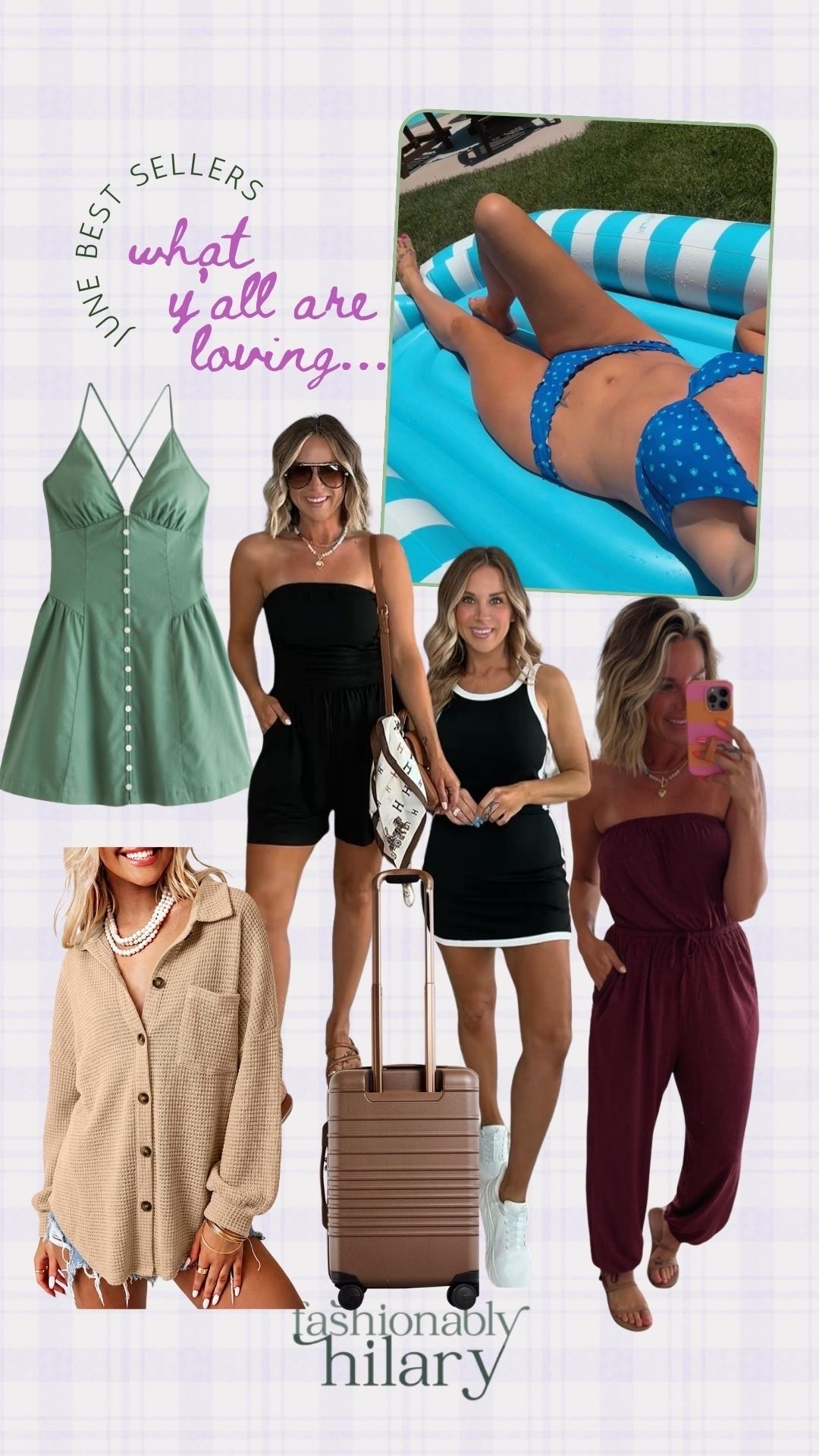 June bestsellers were so good: 
Walmart: tanning floater
Abercrombie: button front dress 
Aerie: strapless jumpsuit 
Beis: carry on suitcase 
Amazon: tennis dress, strapless romper, waffle knit shacket  
Hollister: bathing suit separates